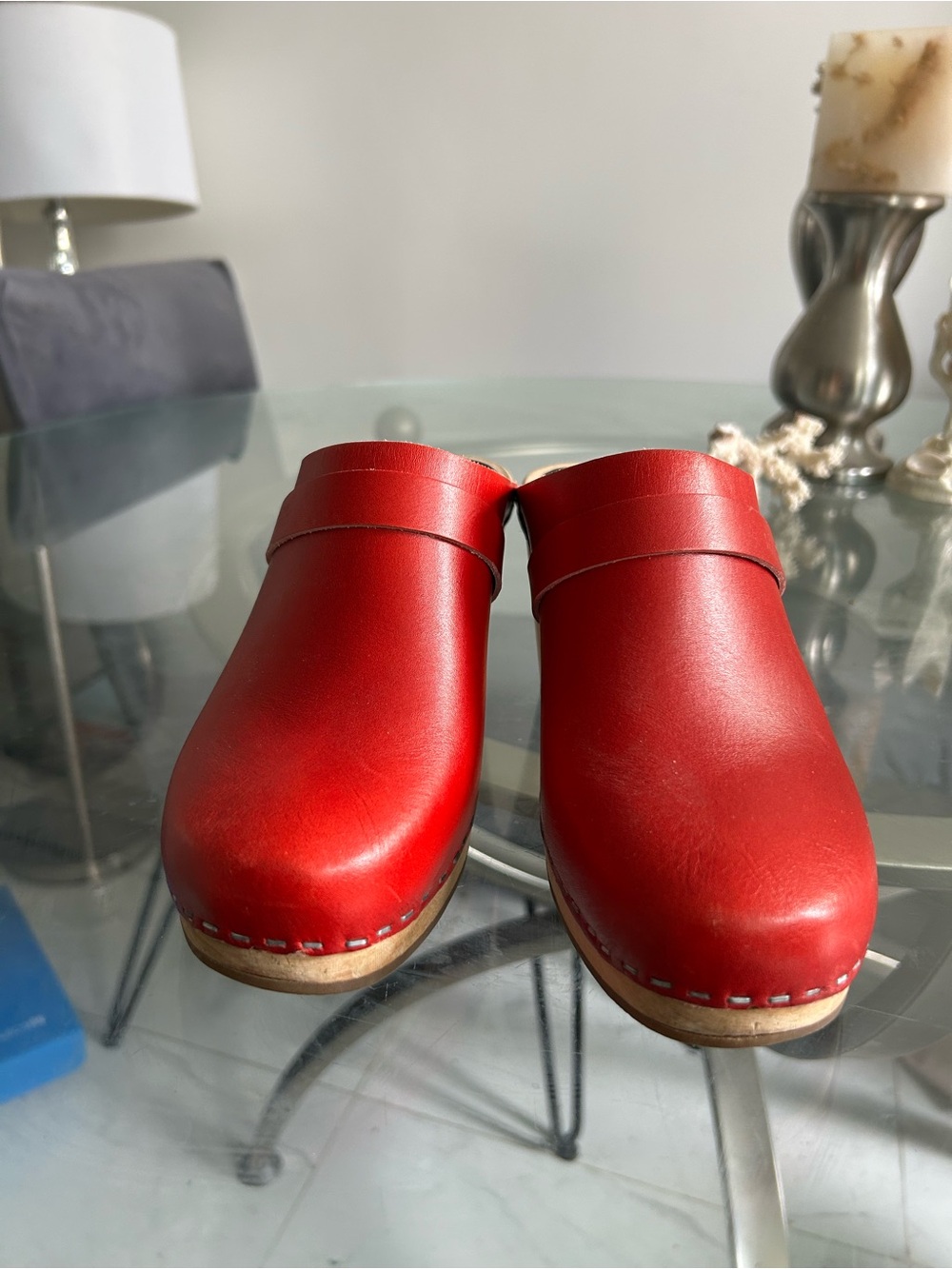 Hasbeens Toffel Swedish Born Red Leather Clog Mules with Wood Block Heel size 38 - Picture 5 of 9